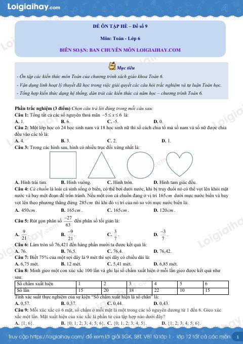 Đề ôn hè Toán 6 lên 7 có lời giải chi tiết - Đề 9